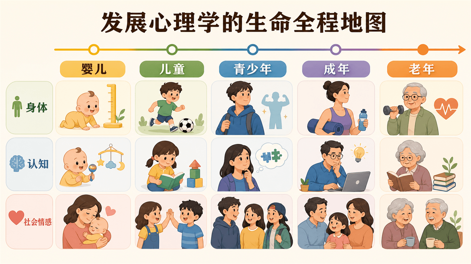 从婴儿、儿童、青少年、成年到老年的生命全程发展地图