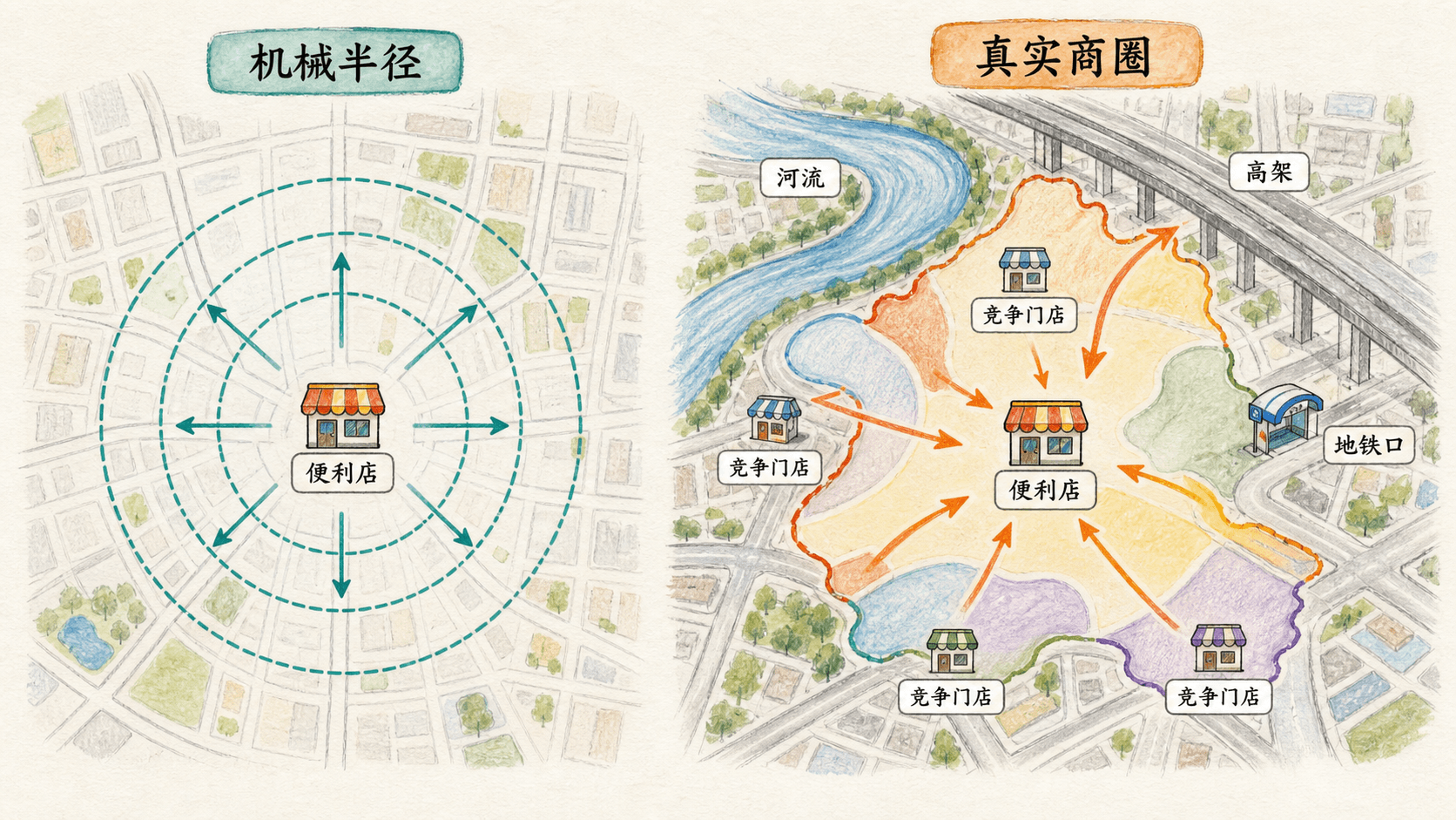 机械半径与真实商圈 规则同心圆与受河流、高架、地铁口和竞争门店共同塑造的不规则真实商圈对比