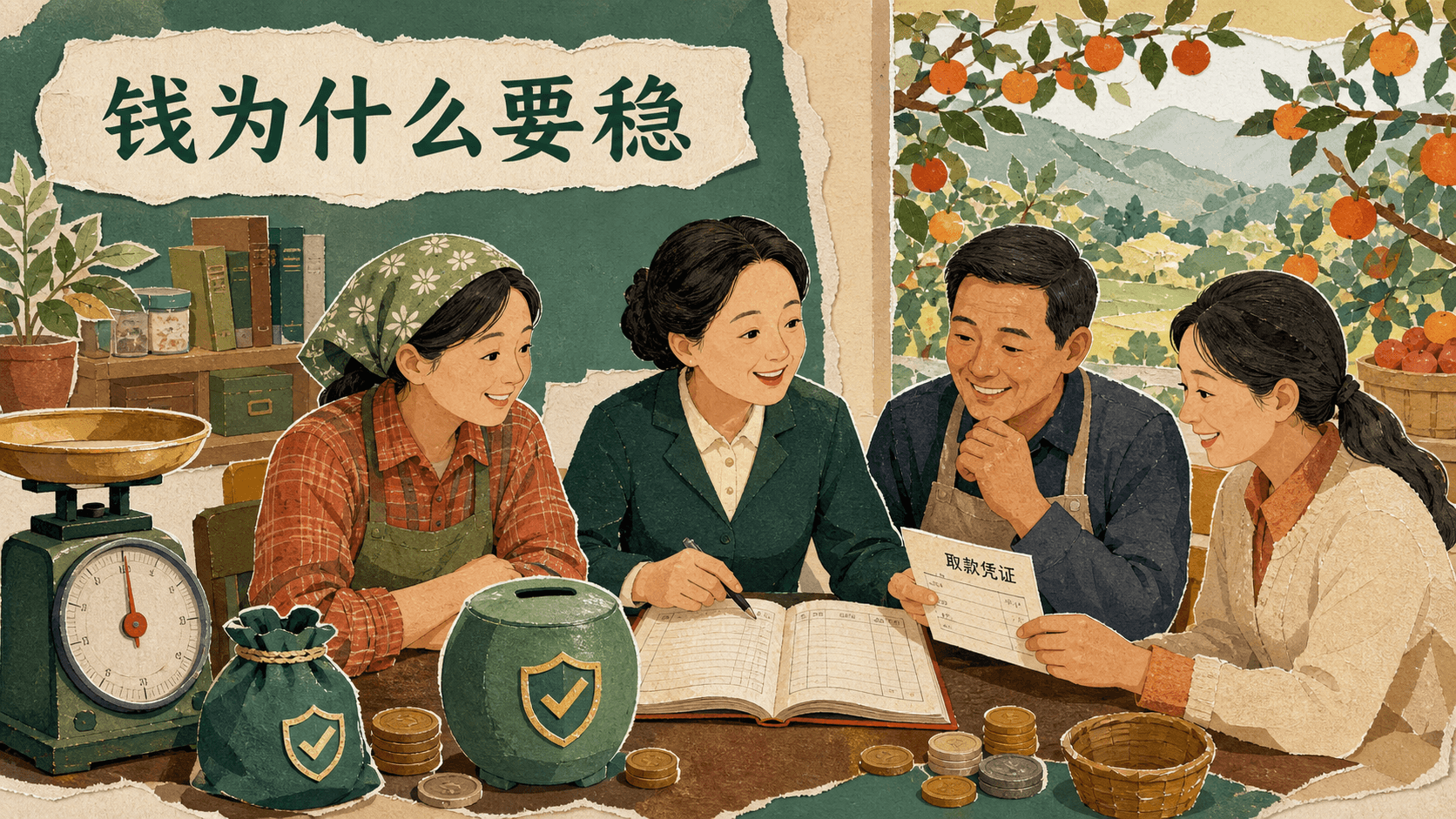 青禾镇储蓄合作社中储户、果农与小店老板共同核对存款账本,说明货币稳定的日常意义