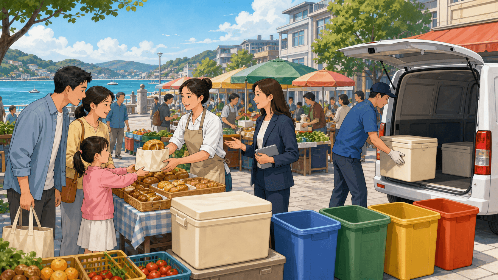 集市中家庭、烘焙店、配送商和银行通过交易协作