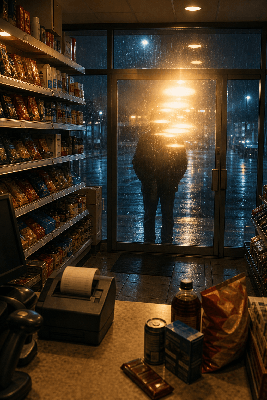 原创雨夜便利店场景：收银台与货架前方，匿名顾客站在玻璃门外，室内暖灯在玻璃上形成反光并遮住人物轮廓。