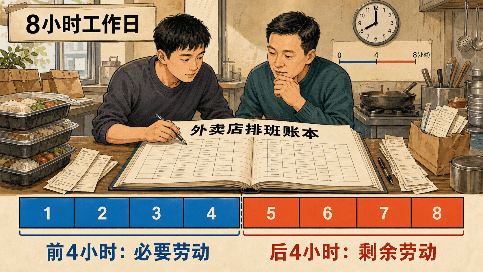 外卖店八小时排班账本:前四小时必要劳动与后四小时剩余劳动