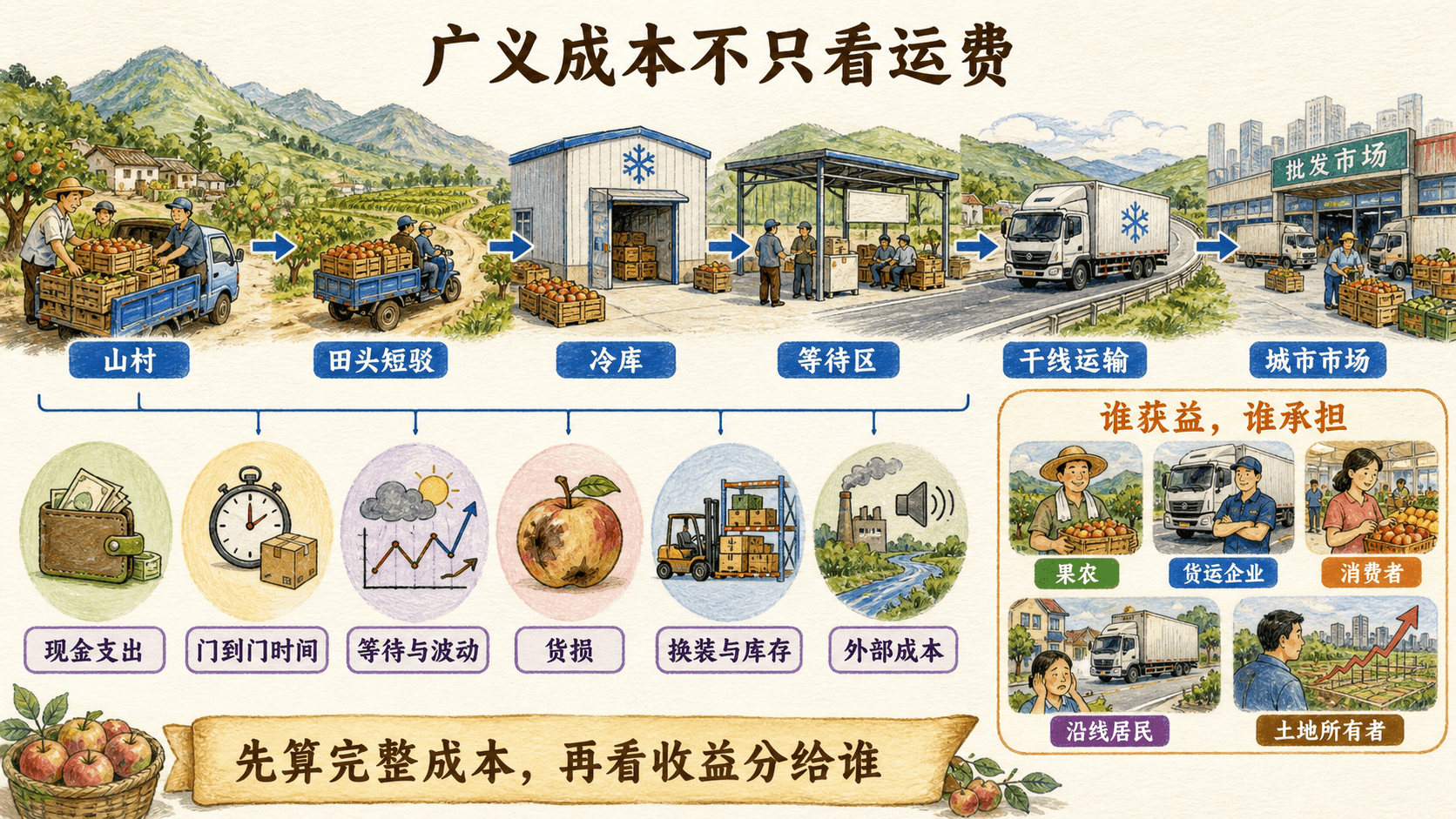 手绘鲜果运输链路,拆解现金支出、门到门时间、等待波动、货损、换装库存和外部成本,并展示不同群体的分配效应