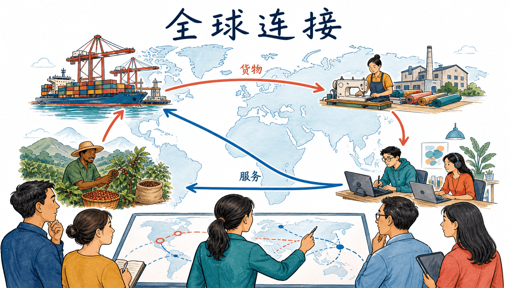 全球化网络连接示意:港口、农场、工厂与数字服务通过跨境链路协作