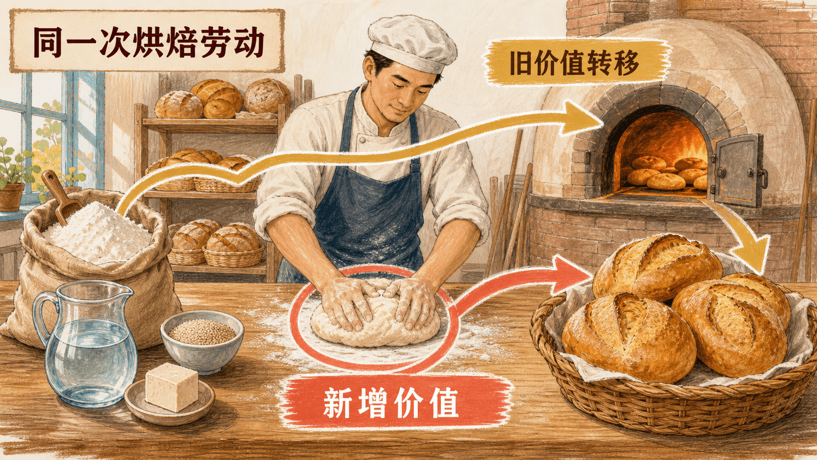 同一位面包师的具体劳动转移旧价值、抽象劳动形成新价值