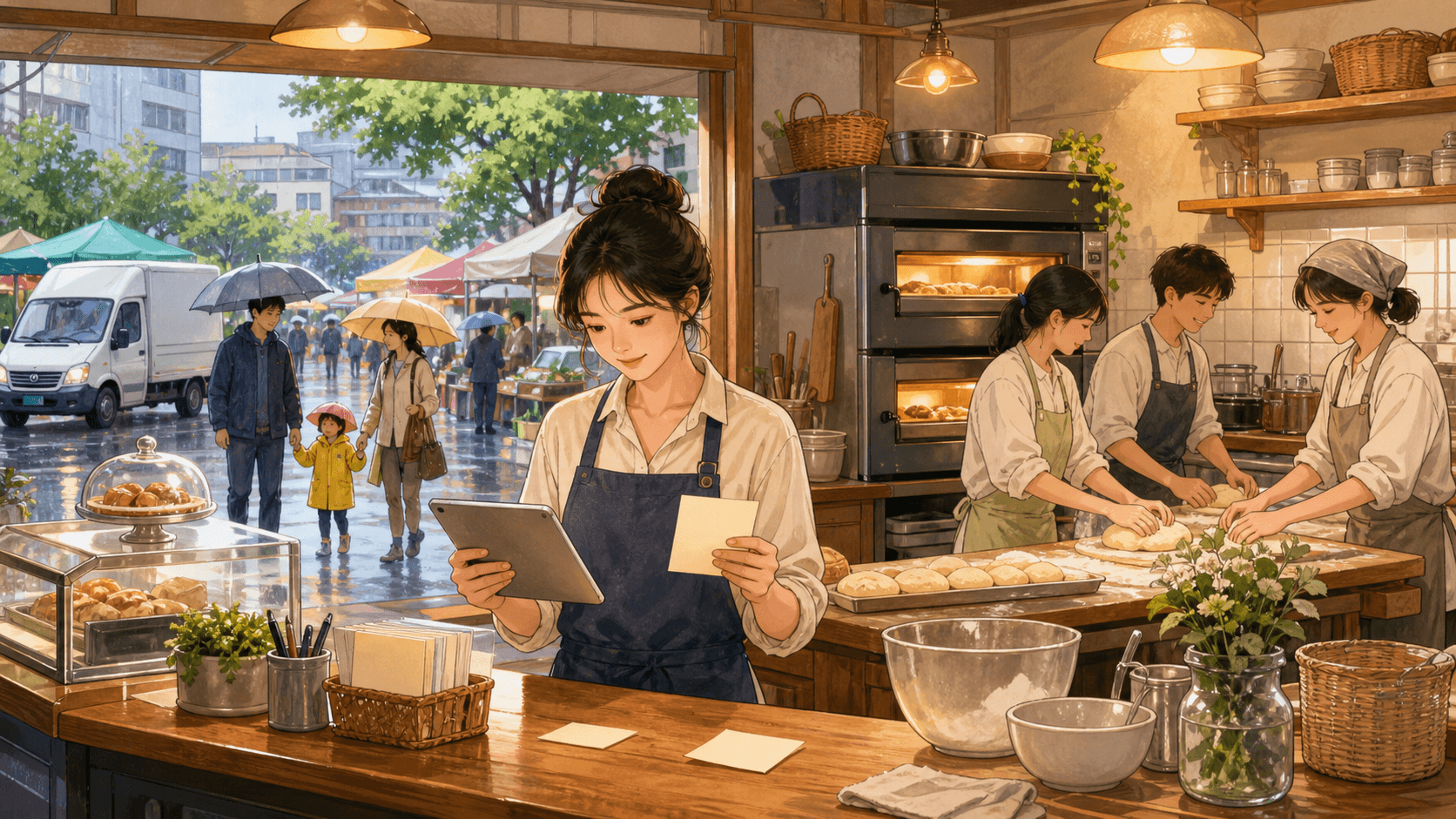 小周在清晨烘焙店里查看多方订单并安排工作