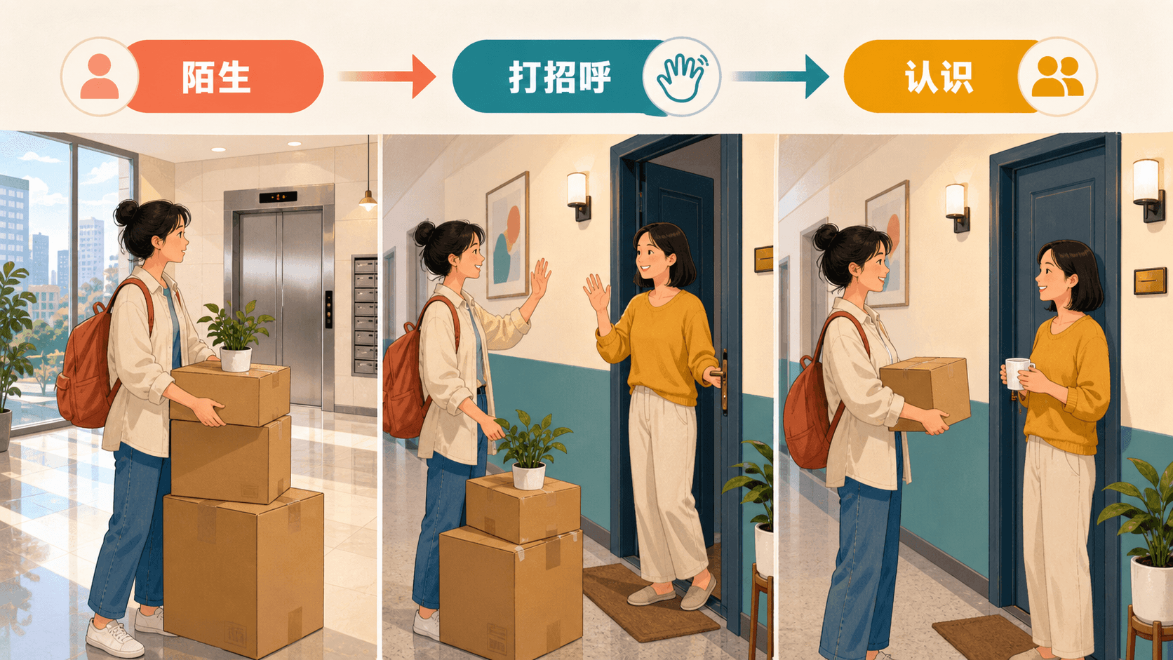 从搬家纸箱到与邻居相识的过程