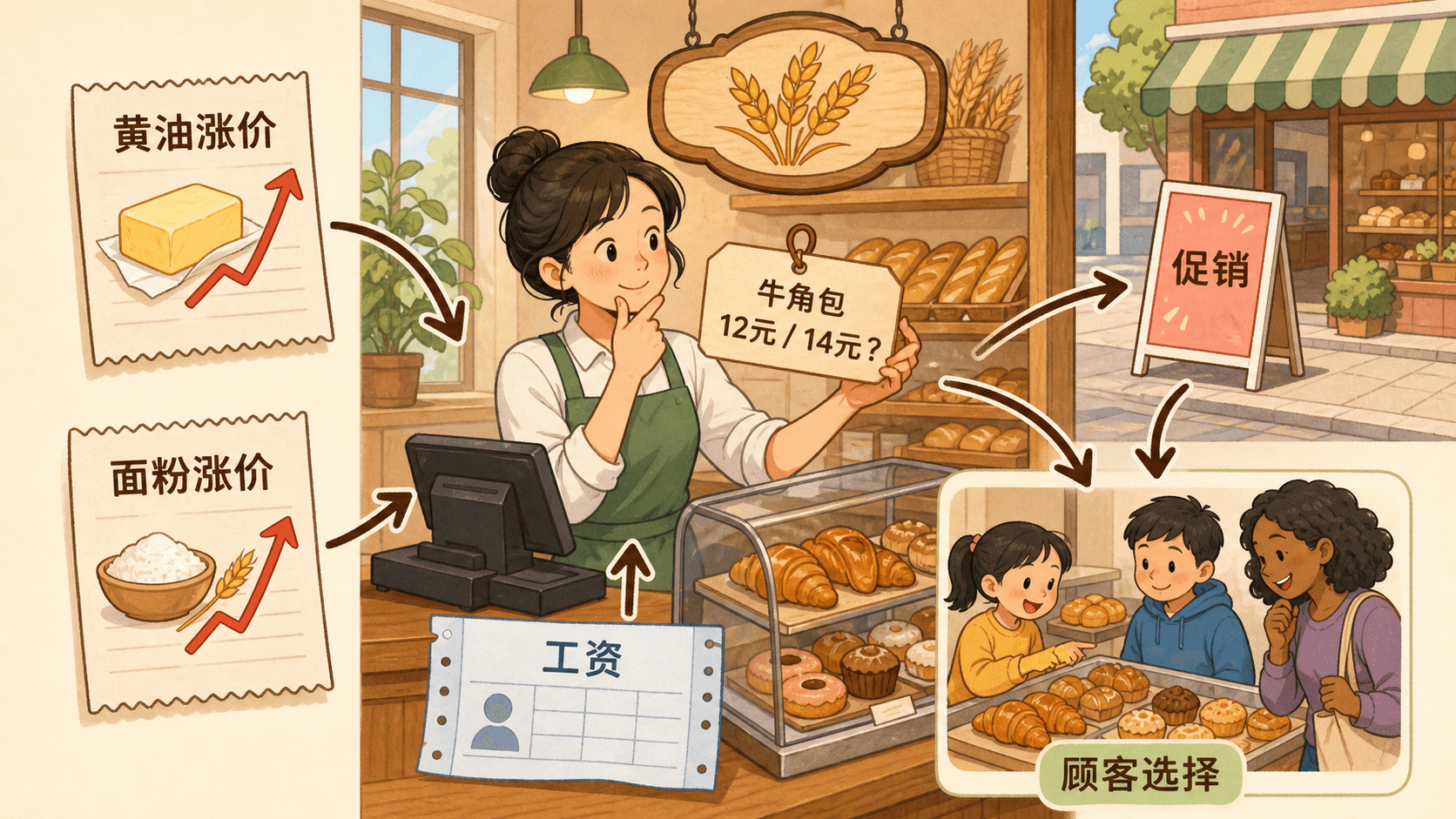 同一只牛角包的短期成交价与长期生产条件