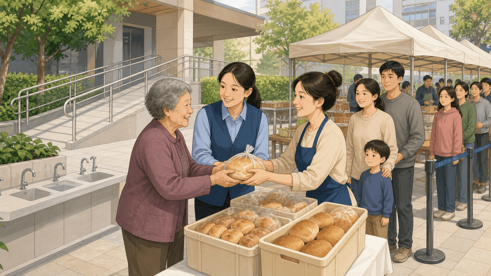 政府服务站协助老人领取低盐面包并维护集市秩序