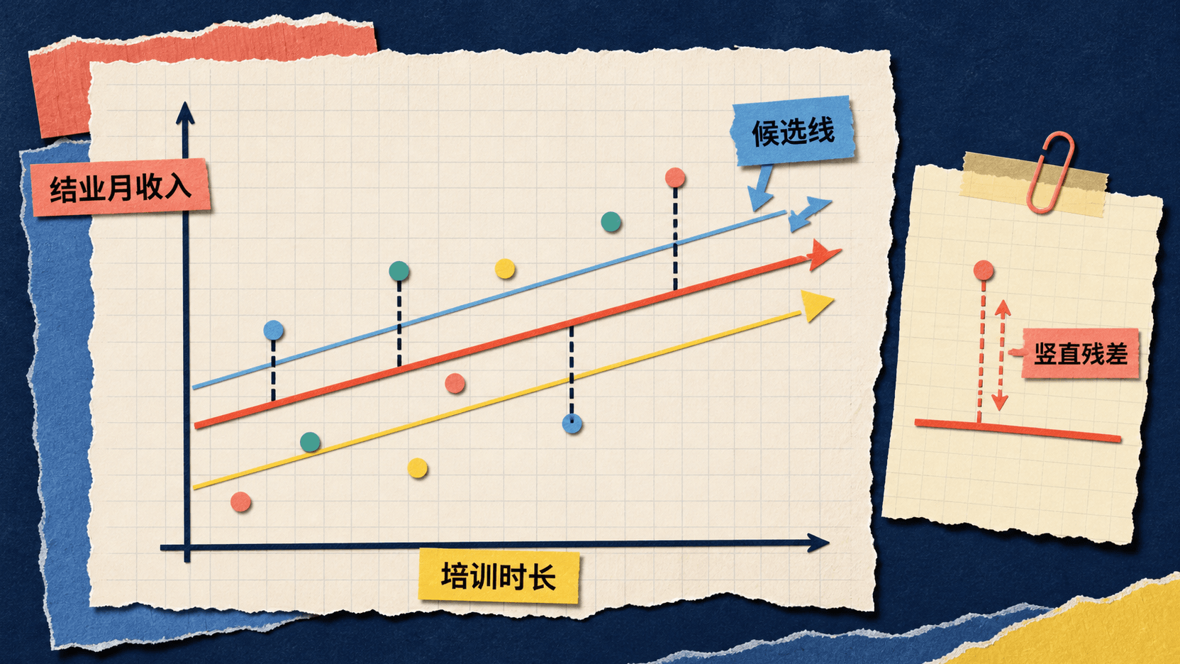 模拟培训时长与结业月收入散点图,三条候选线和竖直残差展示同一横坐标下的预测偏差。
