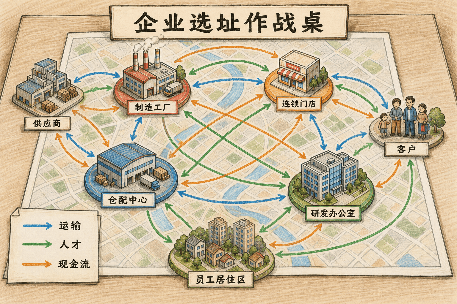 手绘企业选址作战桌,制造工厂、连锁门店、仓配中心和研发办公室通过运输、人才与现金流连接