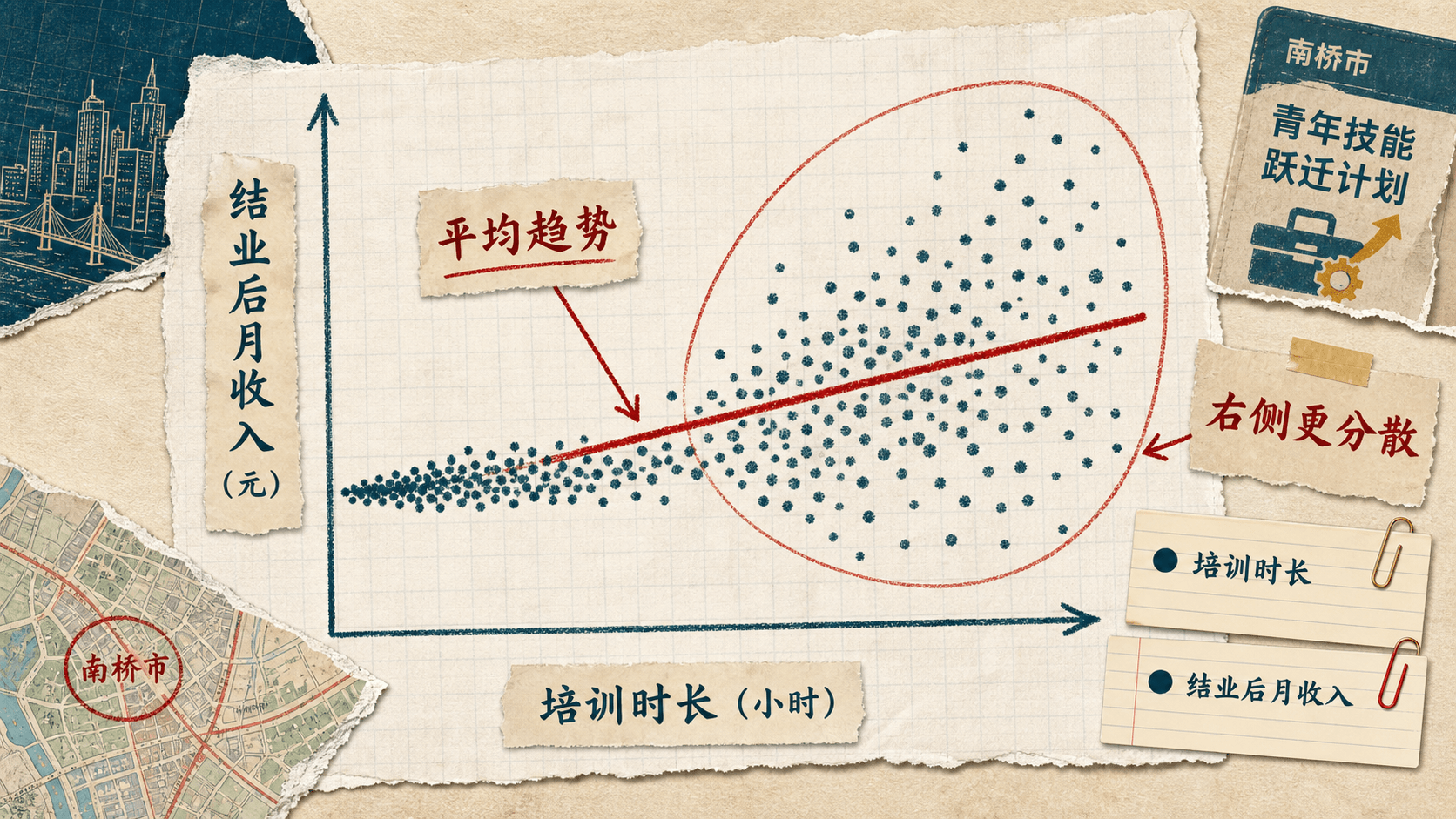 南桥市青年技能跃迁计划模拟数据中，培训时长与结业后月收入的散点图：均值趋势向上，右侧点云呈扇形扩散。