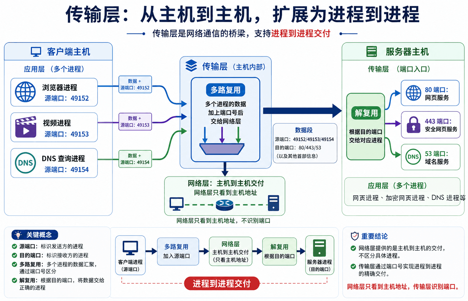 传输层多路复用和解复用:客户端多个进程通过源端口发送数据,服务器根据目的端口把 TCP/443、TCP/80、UDP/53 交给不同服务进程。