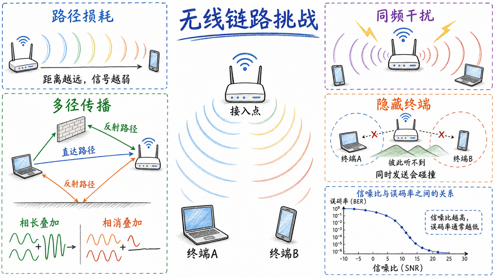 无线链路中的路径损耗、多径、干扰、隐藏终端以及 SNR 与 BER 关系