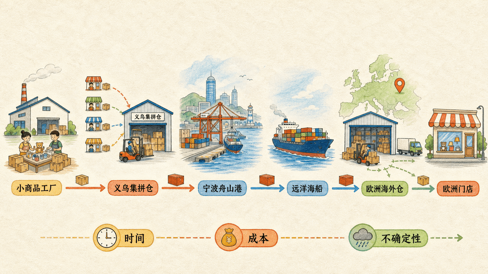 手绘义乌小商品从工厂进入集拼仓,经宁波舟山港和远洋海船抵达欧洲海外仓与门店的订单旅程,并提示时间、成本和不确定性
