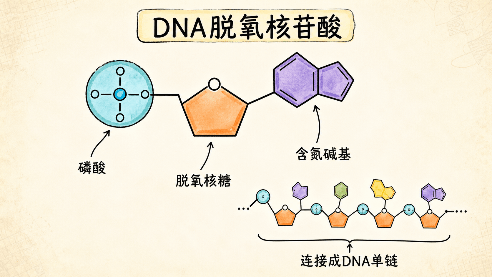 脱氧核苷酸与DNA单链 脱氧核苷酸由磷酸、脱氧核糖和含氮碱基组成,并连接成DNA单链的示意图