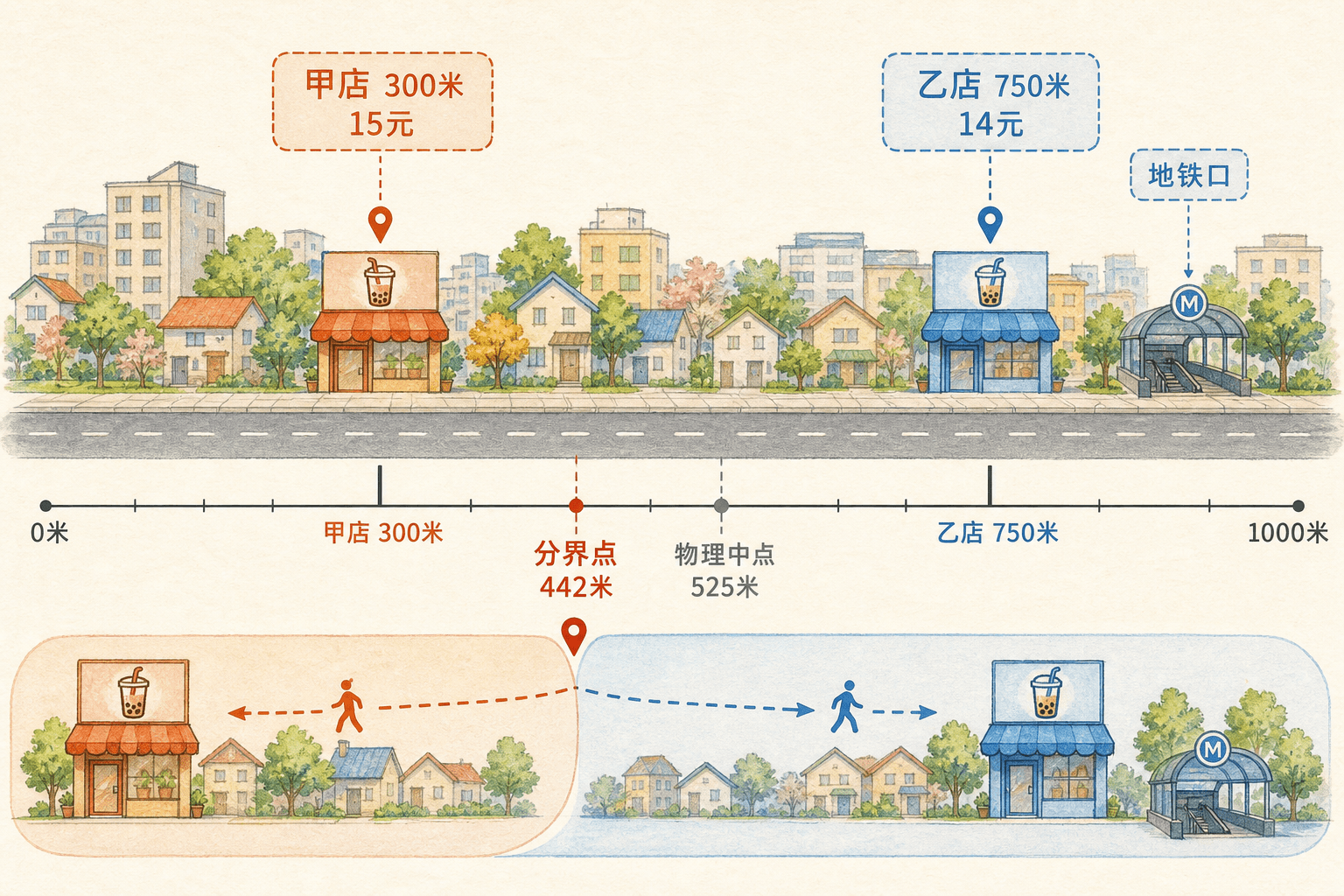 一千米商业街上甲乙两家奶茶店的位置、价格、物理中点与顾客分界点手绘示意图