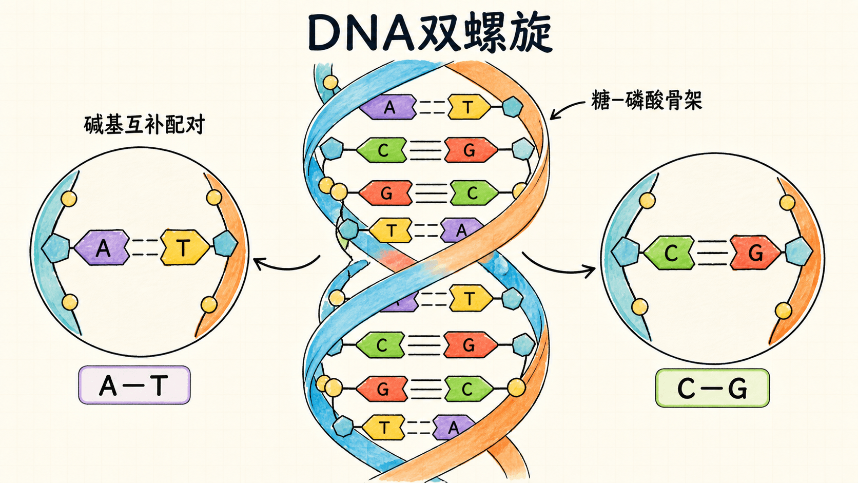 DNA双螺旋结构 DNA双螺旋中外侧脱氧核糖磷酸骨架和内侧碱基对的结构示意图