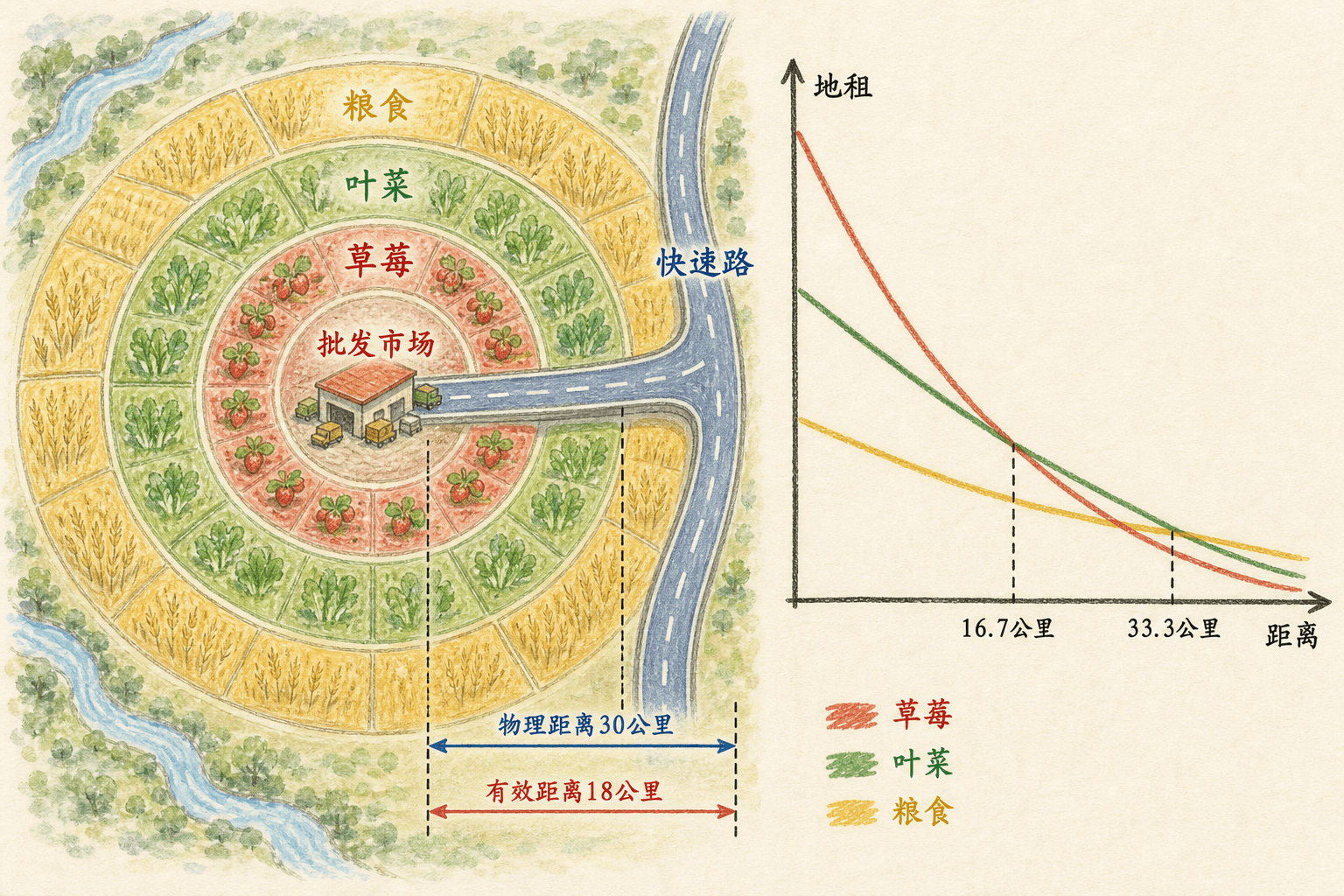 批发市场周围草莓叶菜粮食分带、快速路有效距离与地租梯度曲线的杜能环手绘图