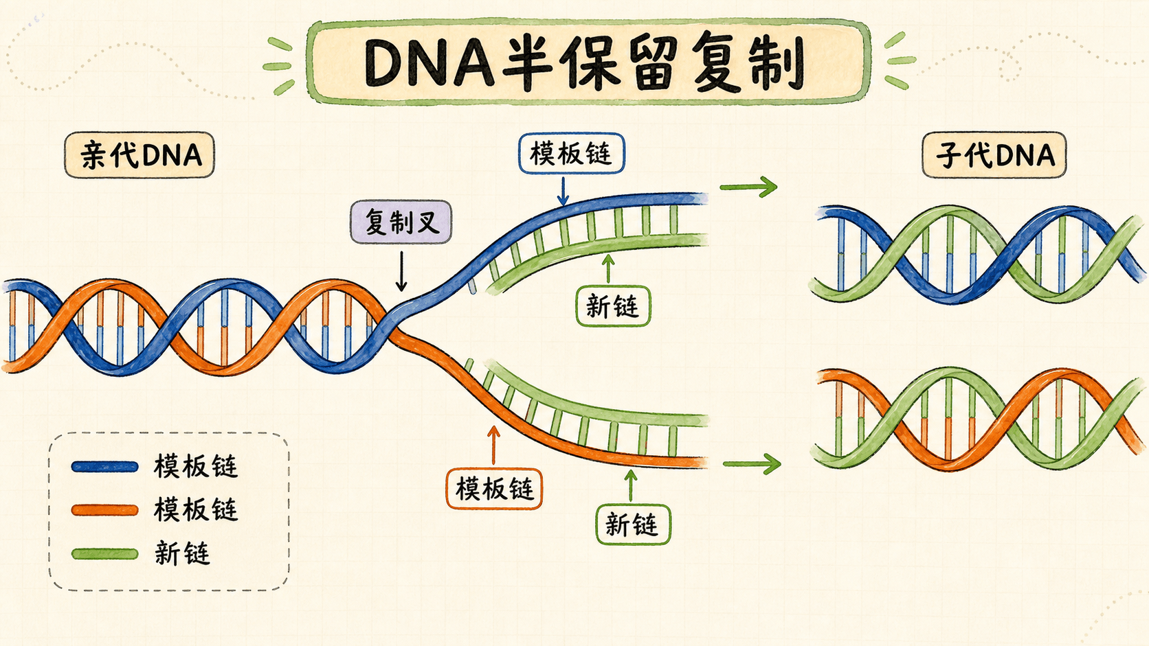 DNA半保留复制 DNA复制中双链解旋、两条母链分别作为模板并合成子链的流程示意图