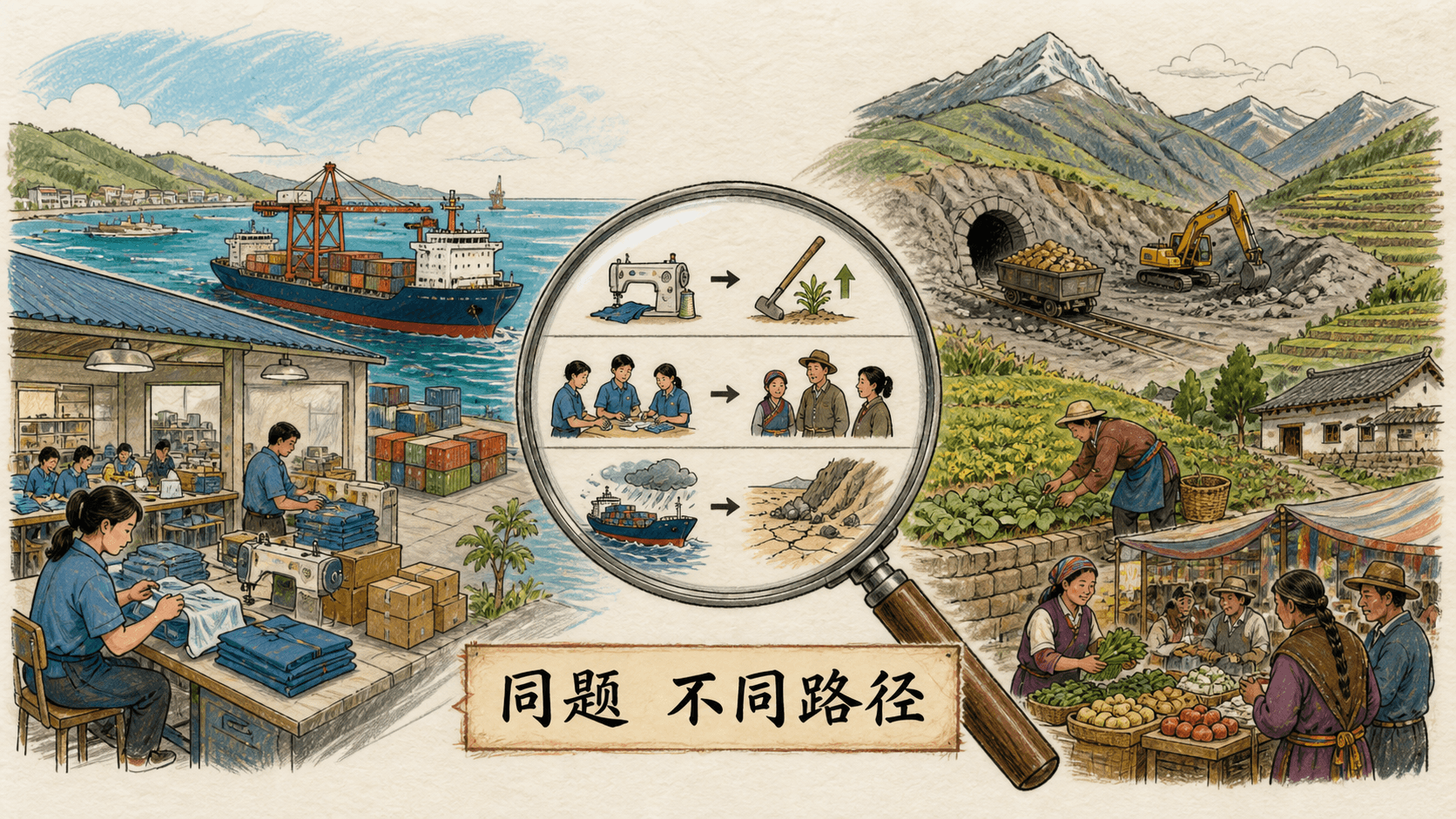 港口制造与高原农业矿业围绕同一比较问题呈现不同发展路径的手绘图