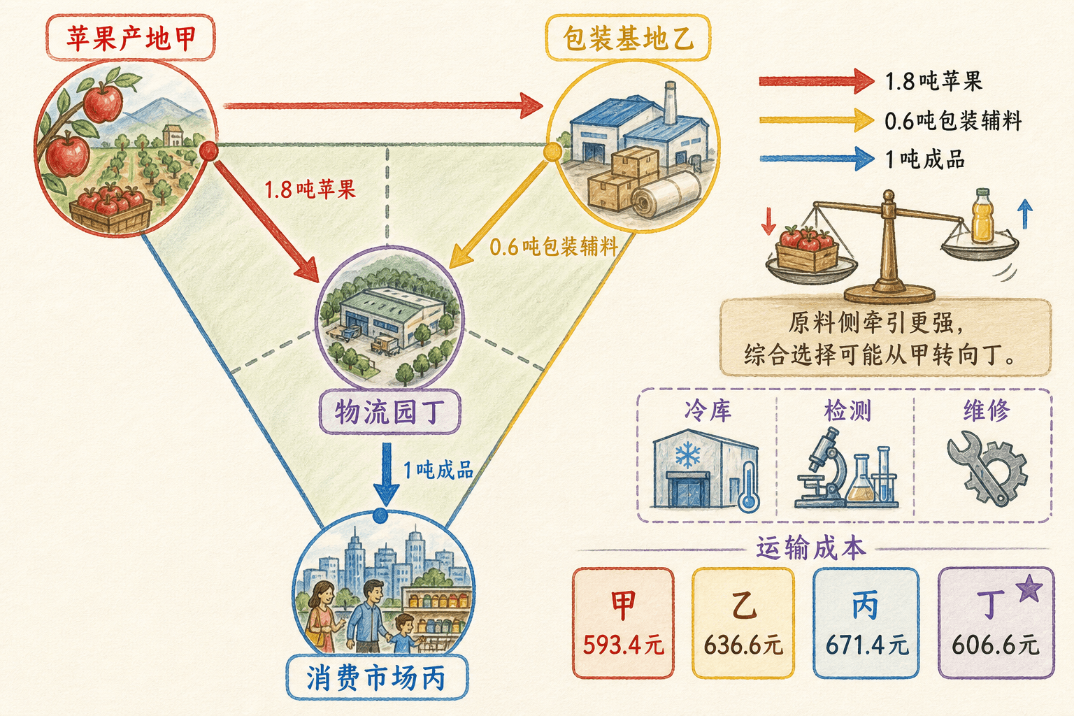 苹果产地甲、包装基地乙、消费市场丙与物流园丁构成的果汁厂工业区位三角手绘图