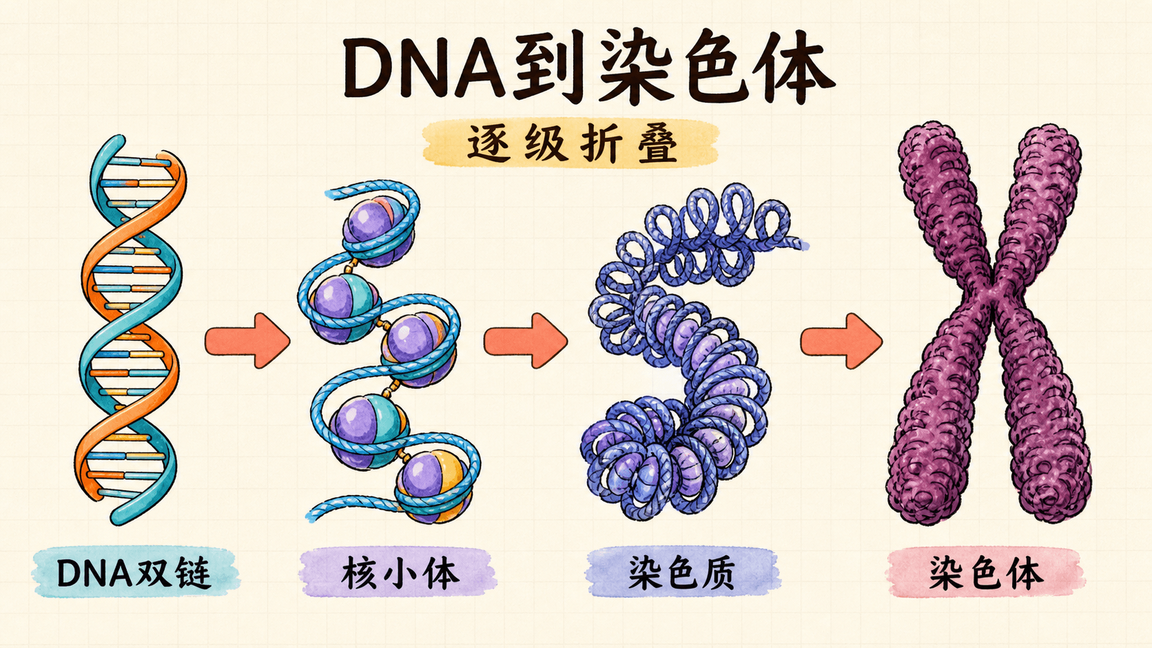DNA到染色体的层级 DNA双螺旋逐级缠绕形成染色质并在细胞分裂时凝缩成染色体的层级示意图