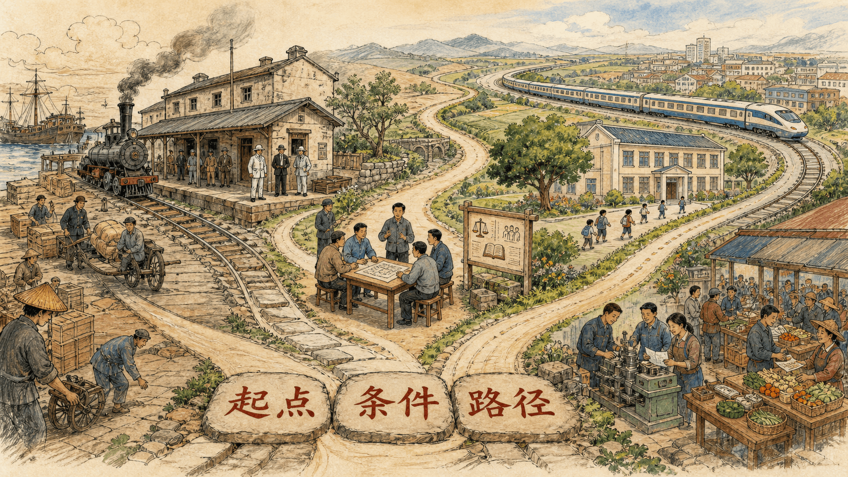 从旧铁路和港口仓库走向学校、区域市场与现代交通的追赶路径手绘图