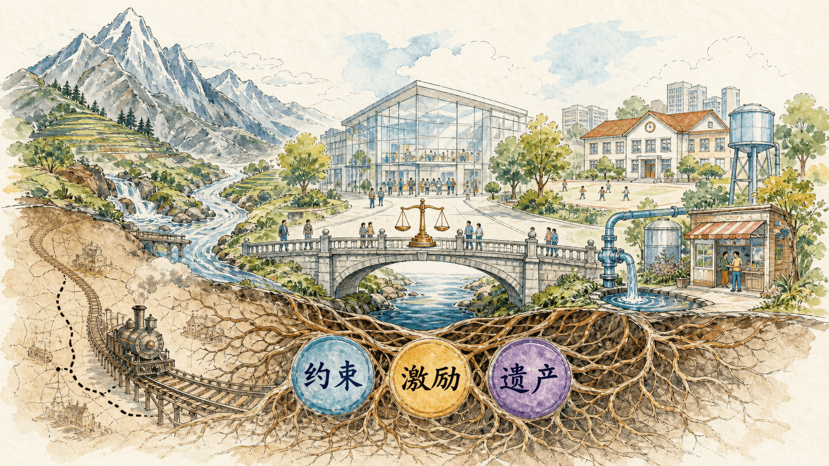 地理山脉、制度桥梁和历史铁路遗产由根系相连的长期发展成因手绘图