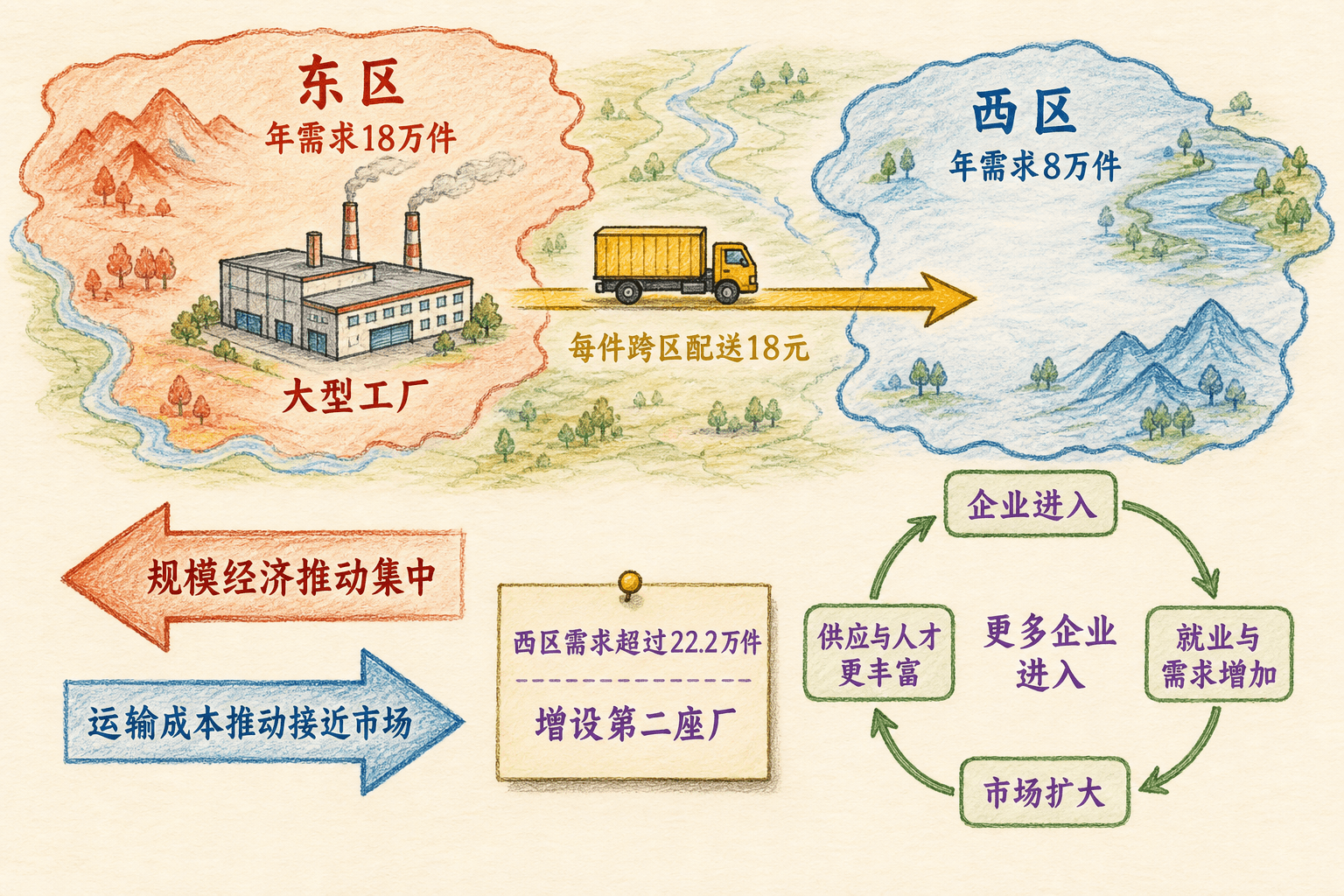 东区大市场单厂向西区配送、规模经济与运输成本对抗以及企业集聚循环的手绘图