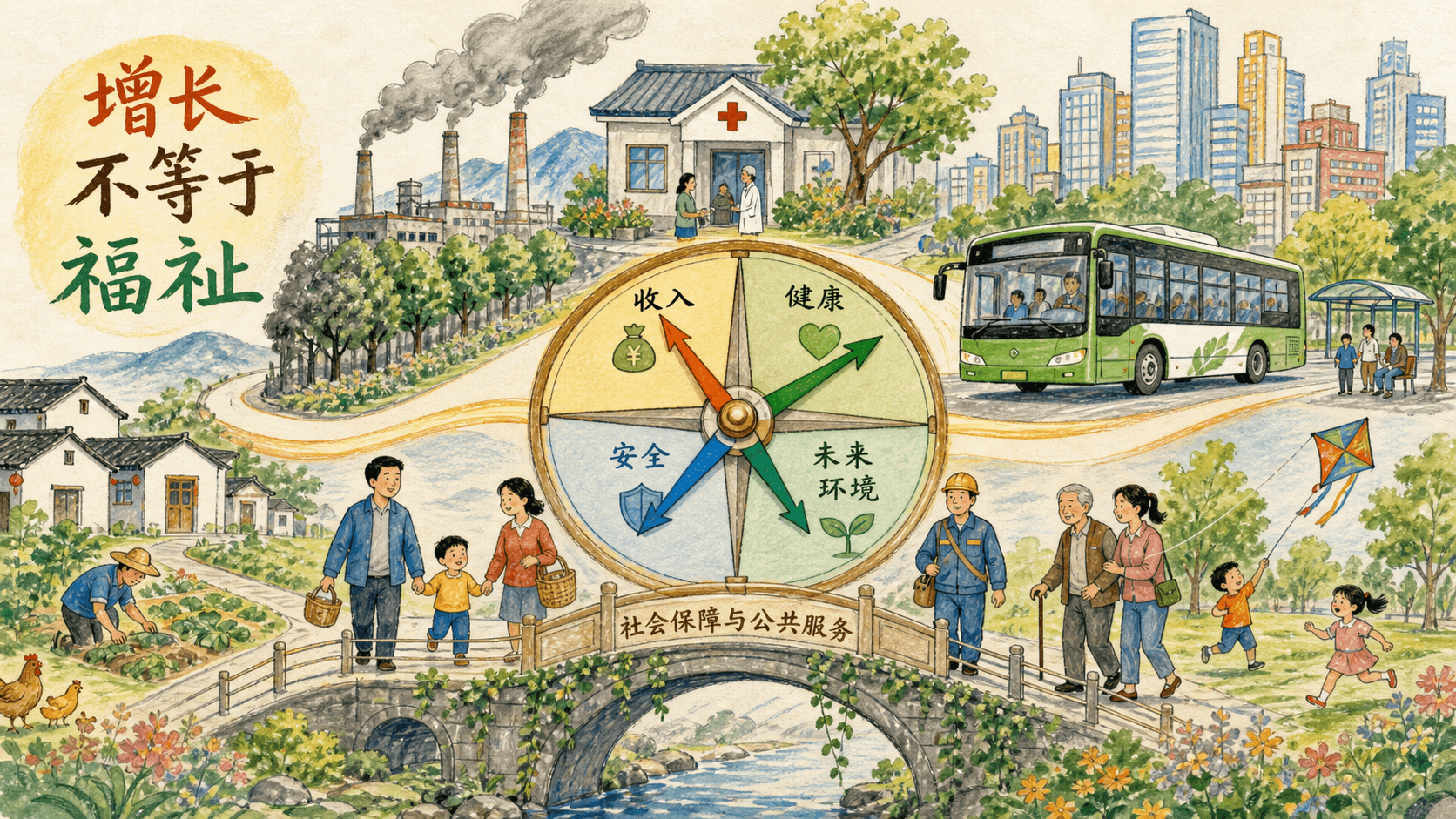 收入、健康、安全和未来环境围绕公共服务桥梁构成的福祉仪表盘手绘图