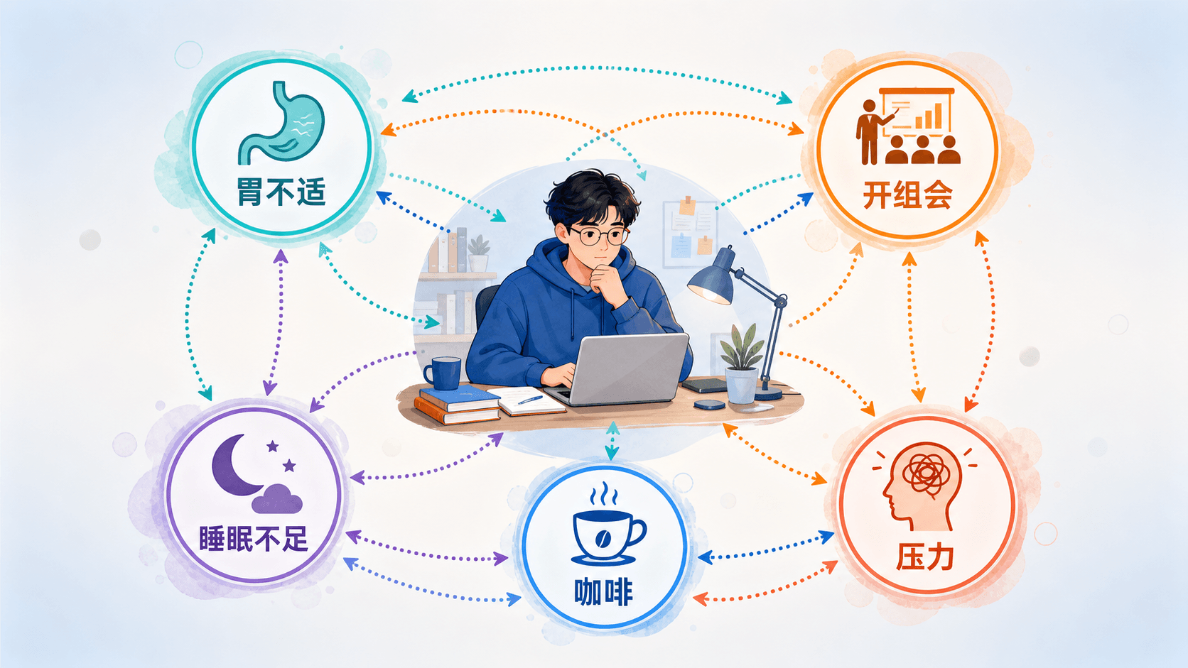 多因素因果辨析:胃不适、组会、睡眠、咖啡与压力