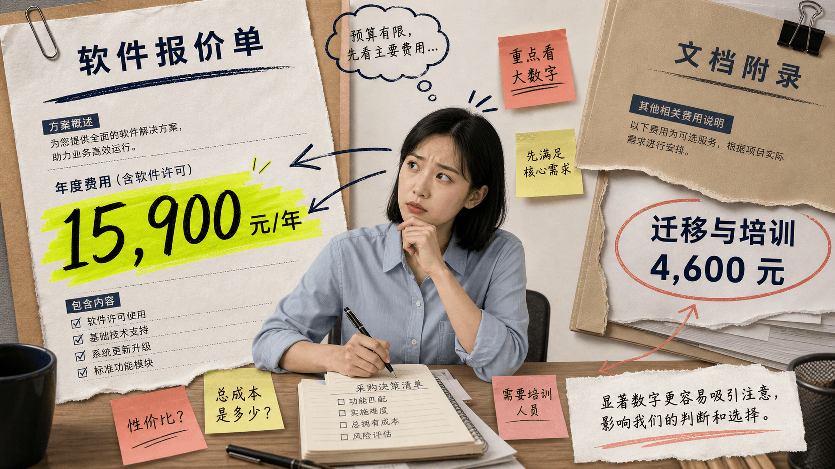 报价单中醒目的低年费与藏在附录中的迁移费用形成视觉对比
