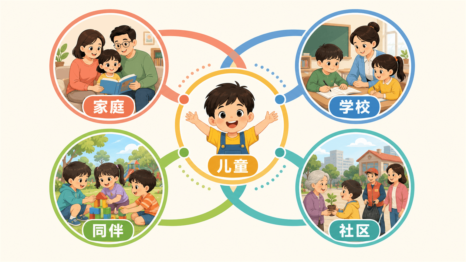 以儿童为中心、由家庭、学校、同伴和社区共同影响的发展生态系统