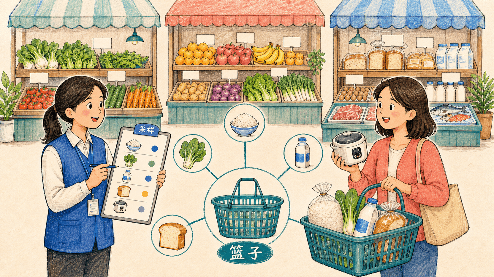 调查人员与家庭消费者在市场中从多类商品抽取价格样本