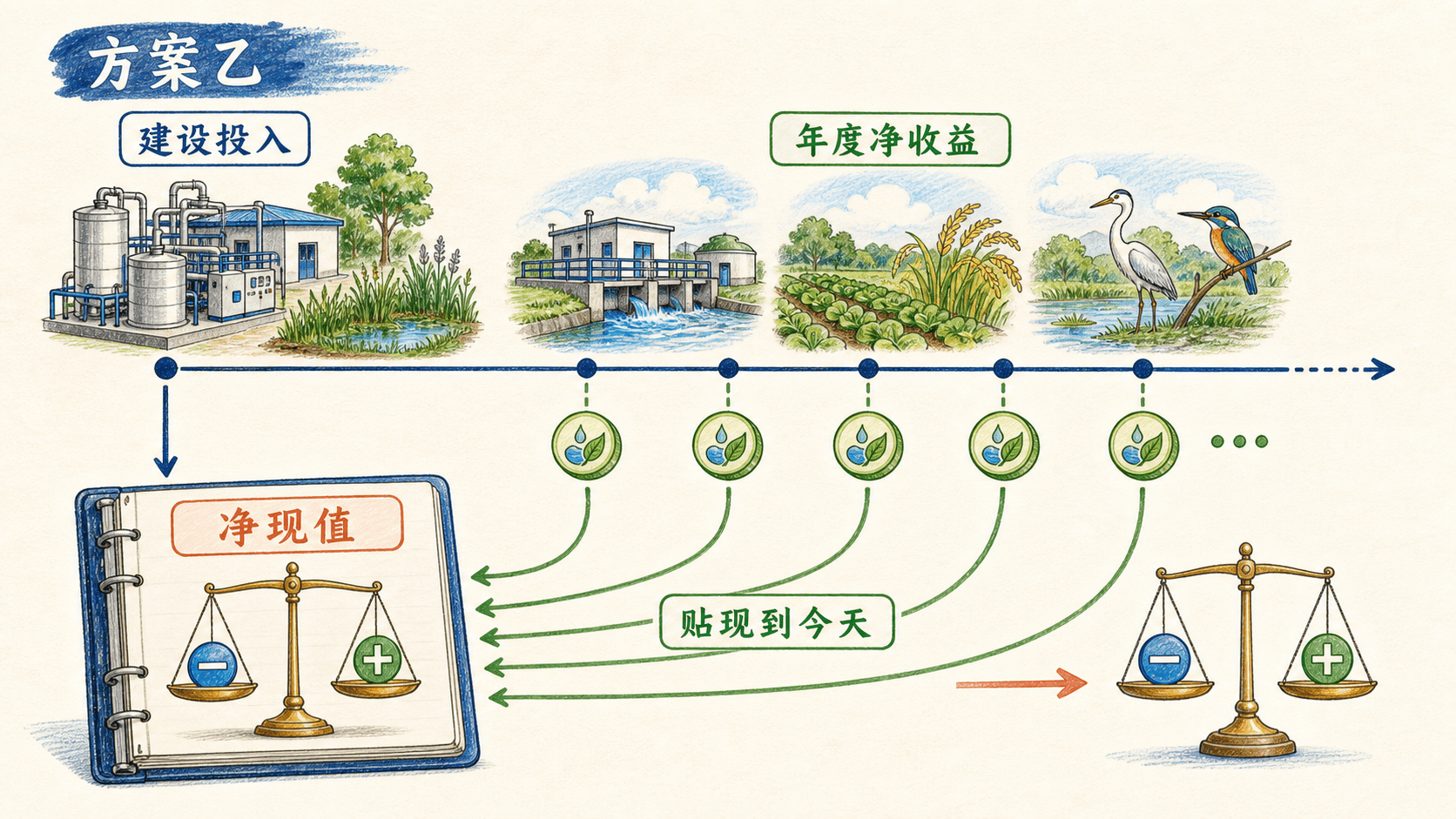 澄河方案乙先投入建设、后获得年度净收益,并把未来收益贴现到今天形成净现值的时间轴示意图