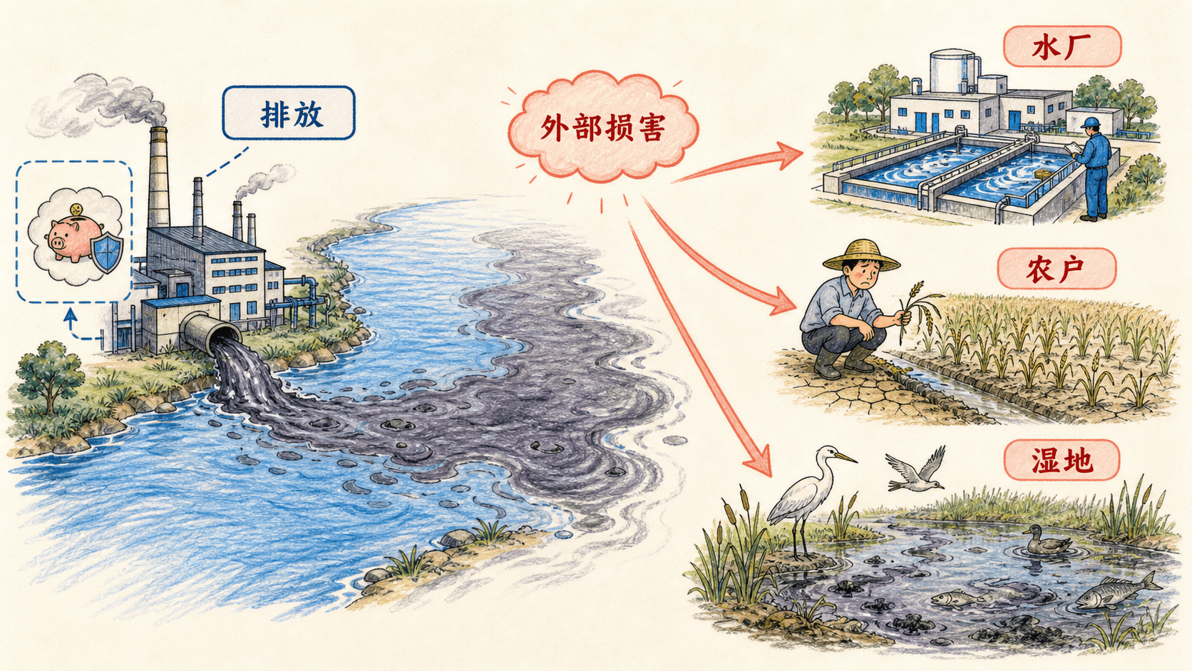 工业排放沿澄河向下游扩散,使水厂、农户和湿地承担外部损害的因果链示意图
