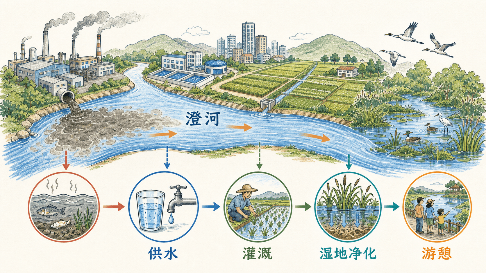 澄河从上游工业园流向下游湿地,供水、灌溉、湿地净化和游憩服务相互关联的示意图
