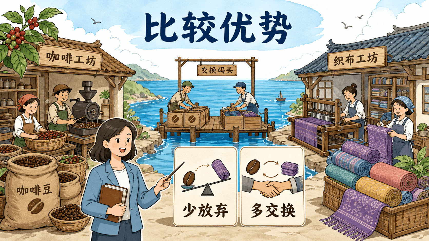 比较优势示意:咖啡工坊与织布工坊依据机会成本进行交换