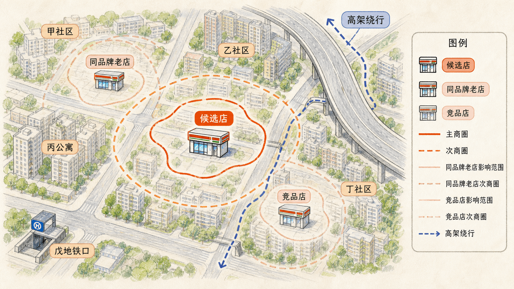 便利店十分钟商圈 候选店、同品牌老店、竞品店、五个需求单元与高架绕行共同决定主商圈和次商圈