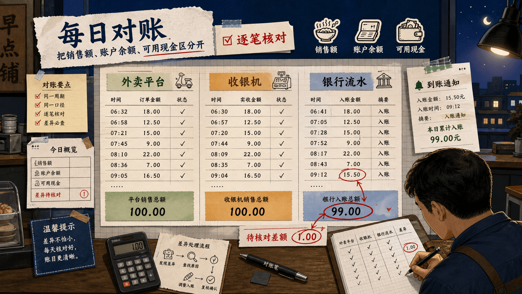 早点店主在外卖平台、收银机和银行流水三栏账单间逐笔核对的中文拼贴信息图
