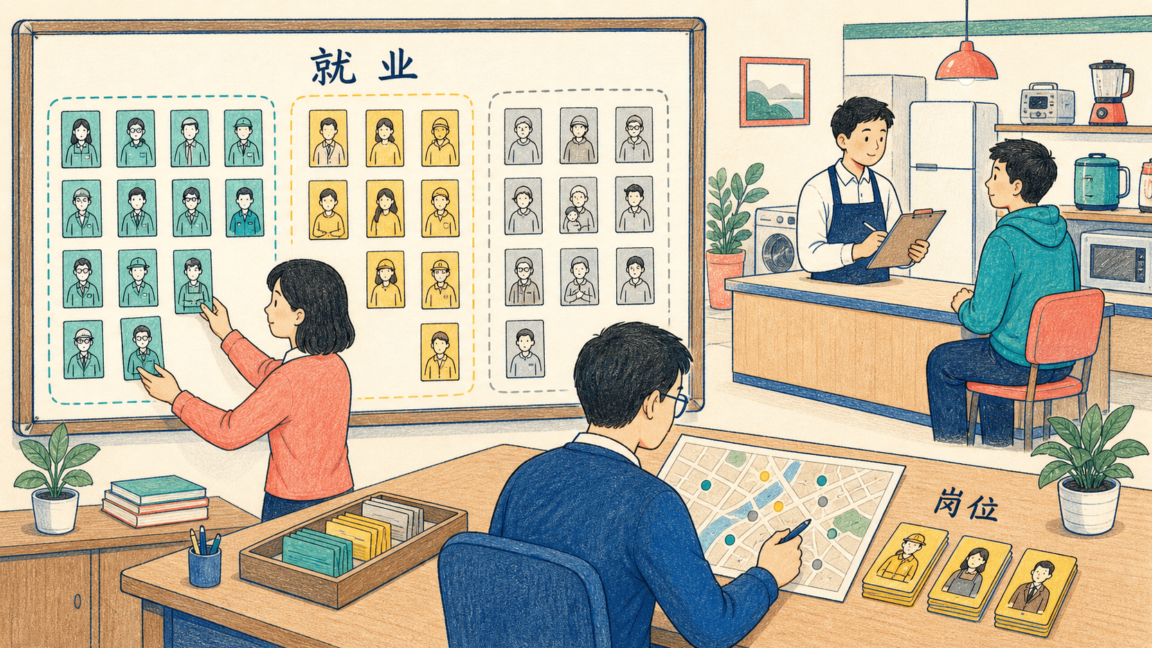就业数据人员卡与家电门店面试场景共同呈现分类统计