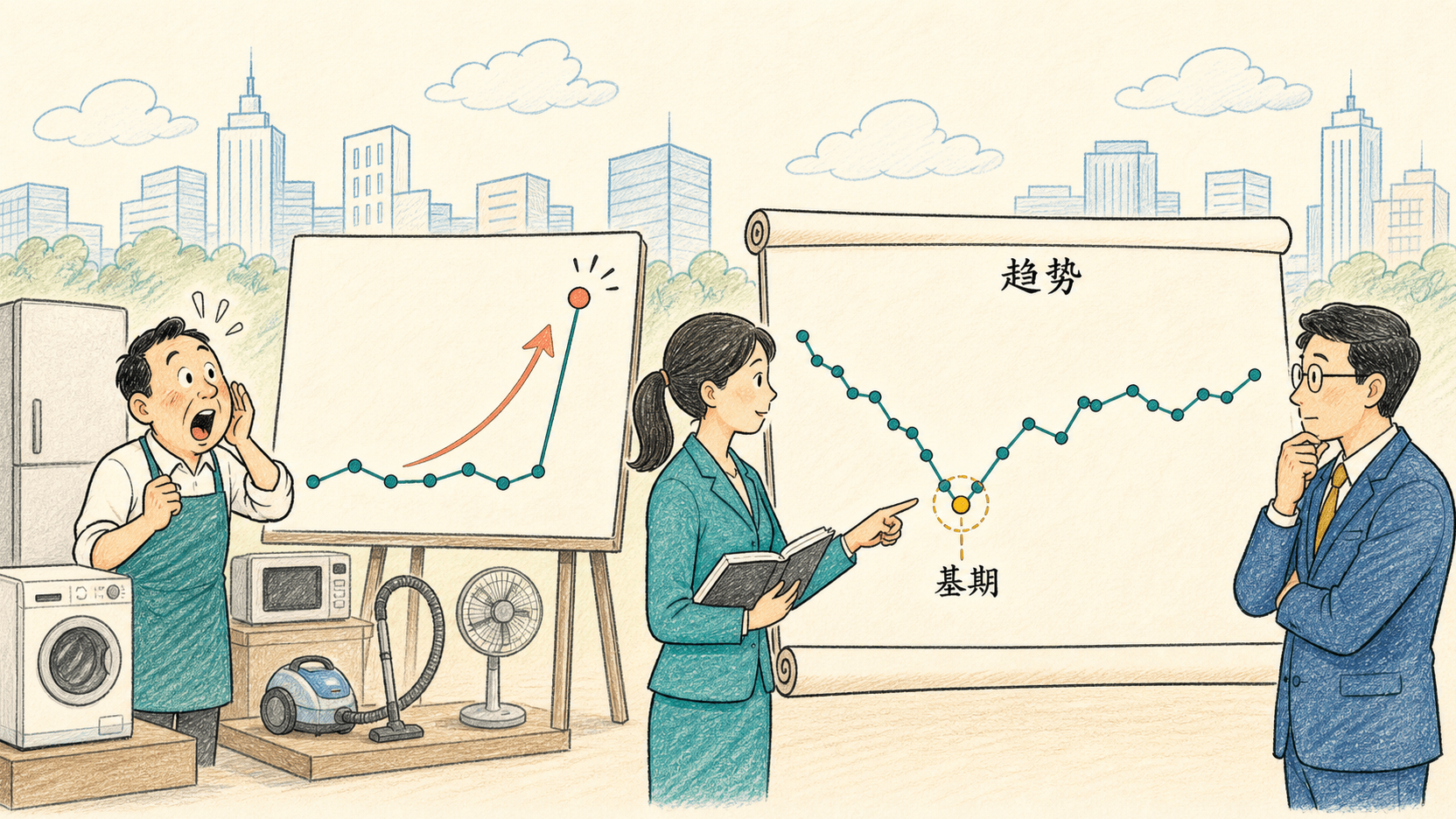 店主与分析者对比单点大涨和完整趋势线以避免误读增长
