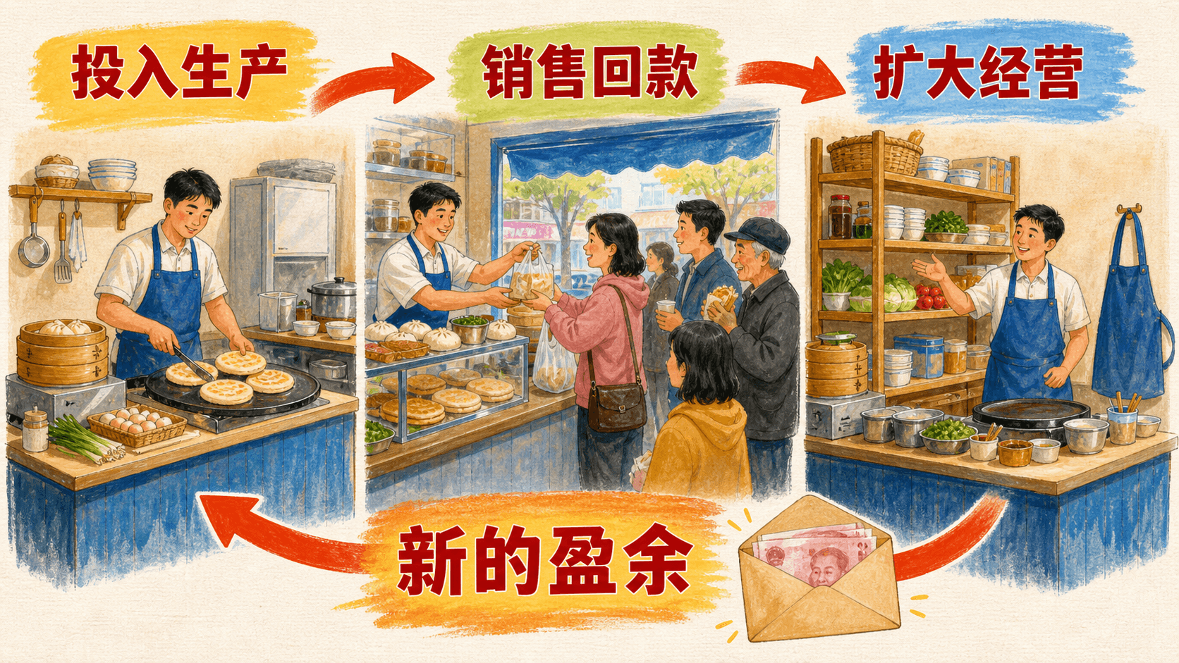 栖桥小食店将剩余价值依次转化为生产资料、劳动力、餐食和销售回款的流程