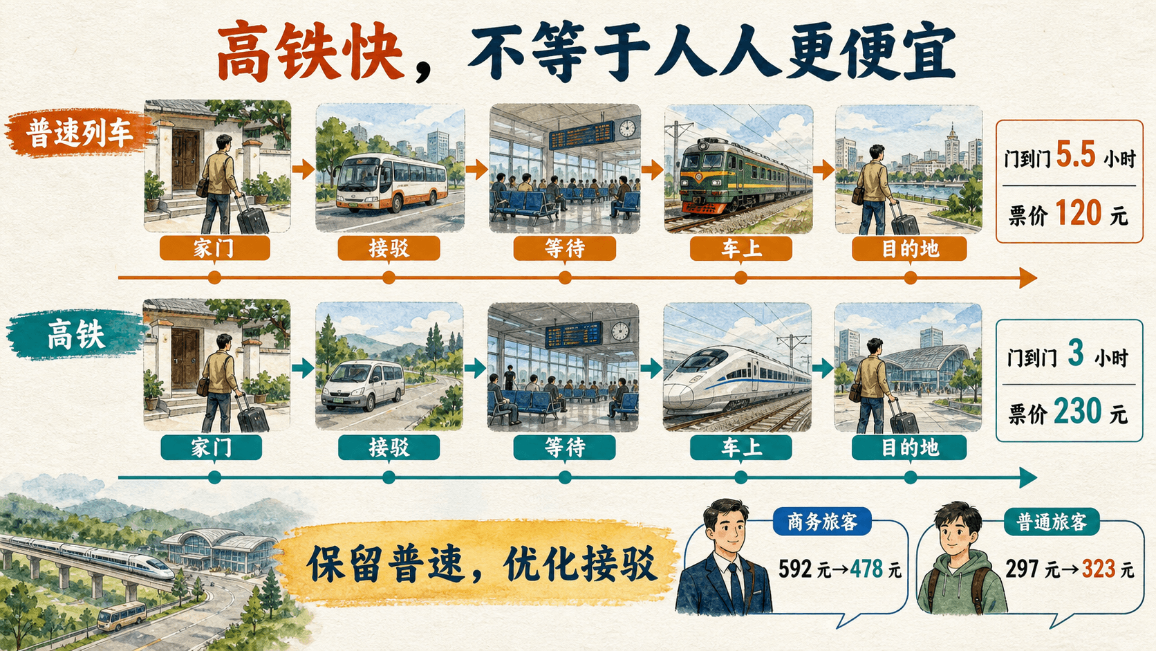 手绘对比江川市普速列车与高铁的家门、接驳、等待、车上和目的地旅程,以及商务旅客和普通旅客的广义成本变化