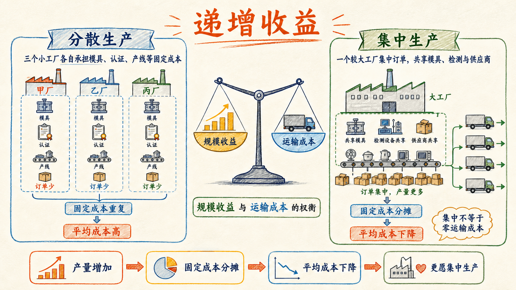 分散生产与集中生产的递增收益手绘对比图