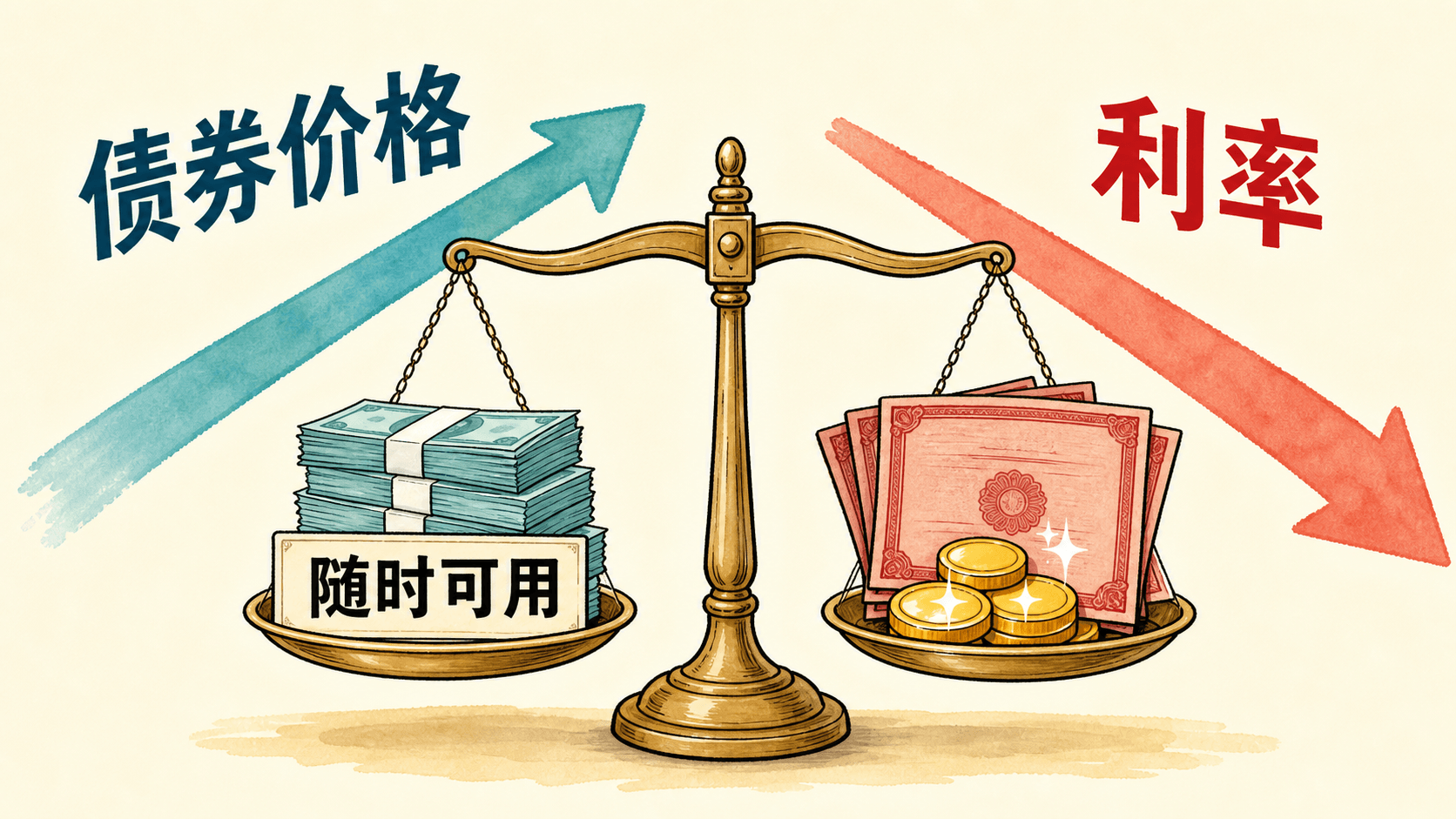 天平左侧是随时可用的现金,右侧是债券与利息硬币,并以相反方向箭头展示债券价格和利率的关系