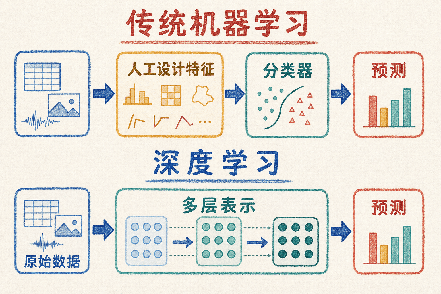 传统机器学习与深度学习的处理流程对比