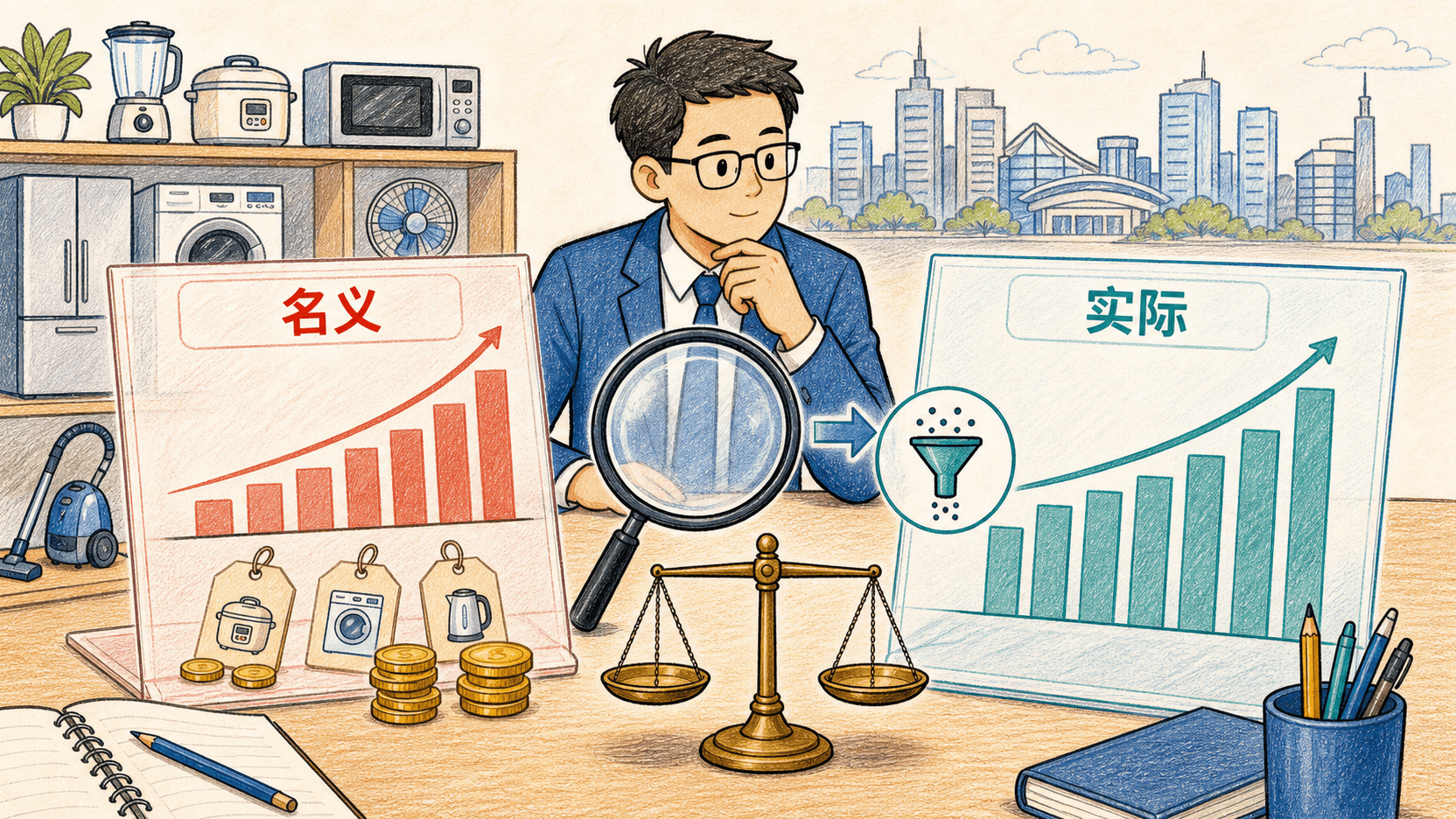 分析者用放大镜比较名义与实际两张增长报告