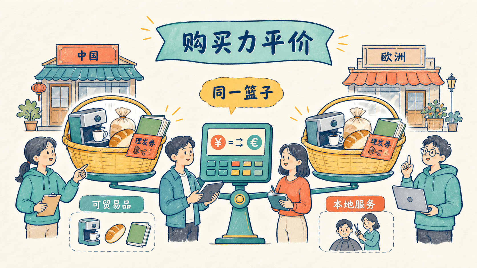 用两地家庭购买相近商品与服务的购物篮,对比市场汇率与购买力平价的教学图